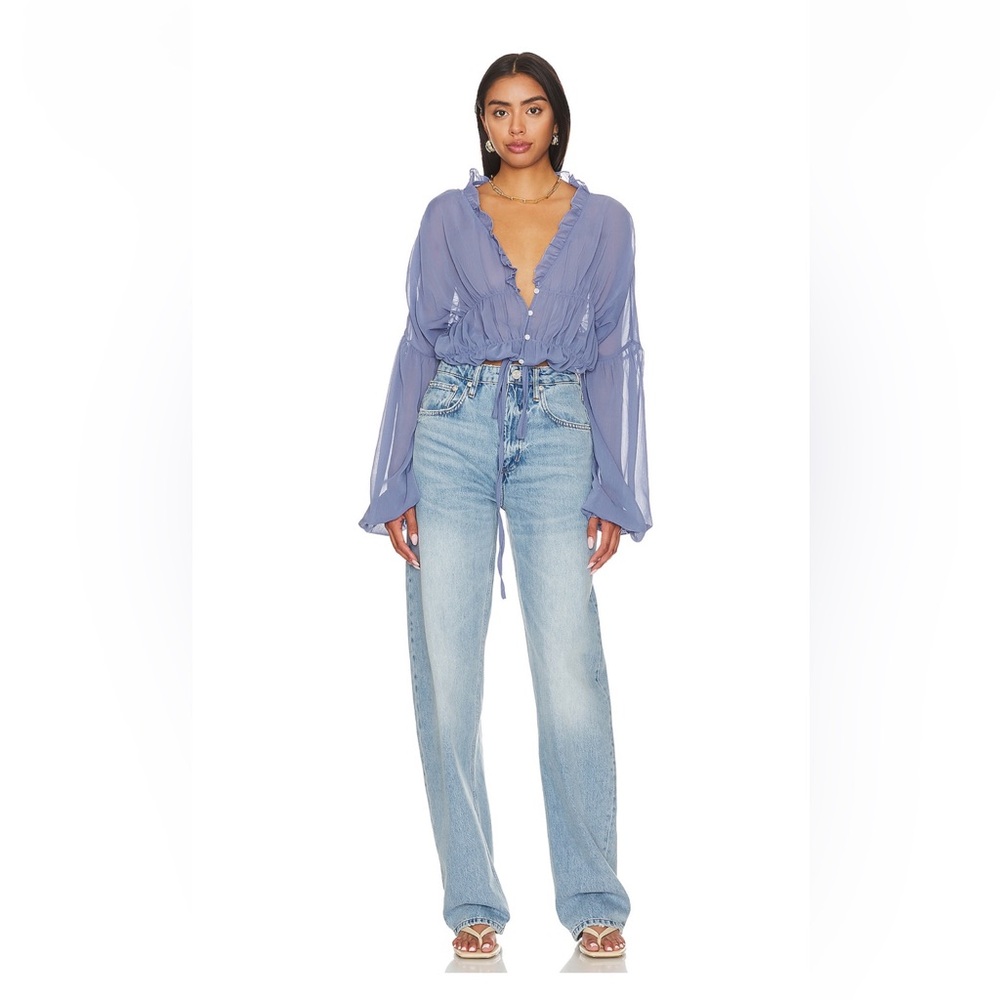 Sheer Ruffled Drawstring Blouse in Dusty Lavender